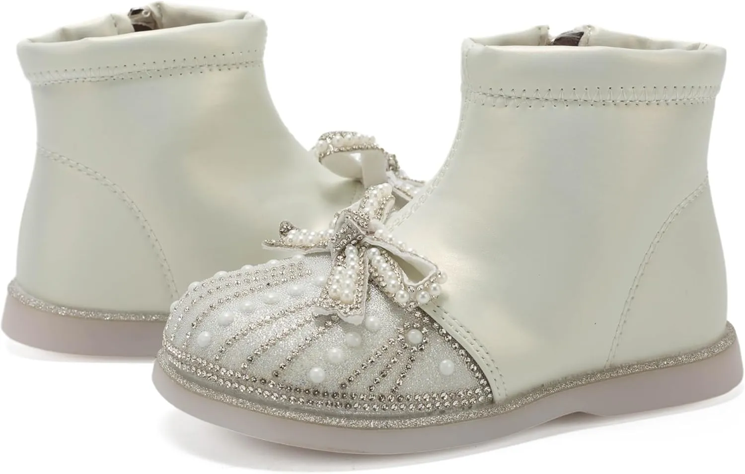 Little Girls Side Zipper Glitter Ankle Boots Princess Crystal Bow Party Wedding Dress Shoes for Kid Toddler