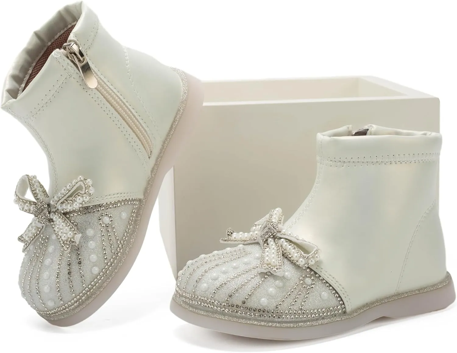 Little Girls Side Zipper Glitter Ankle Boots Princess Crystal Bow Party Wedding Dress Shoes for Kid Toddler