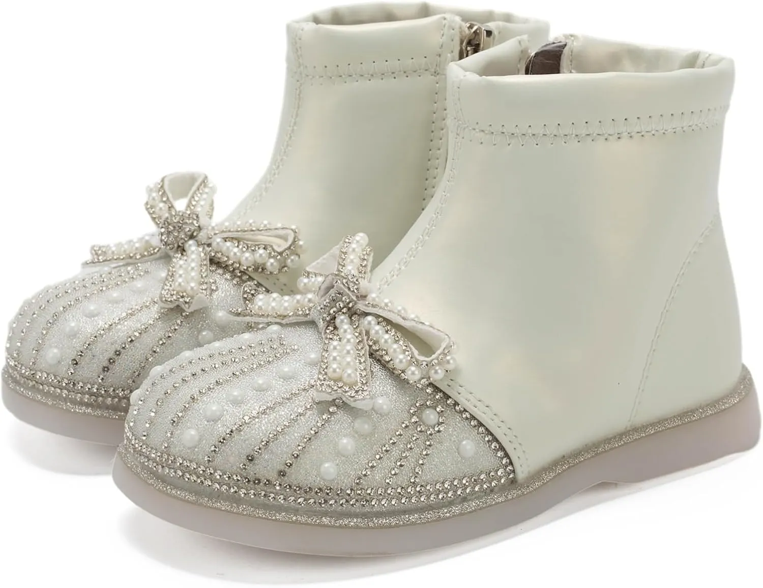 Little Girls Side Zipper Glitter Ankle Boots Princess Crystal Bow Party Wedding Dress Shoes for Kid Toddler