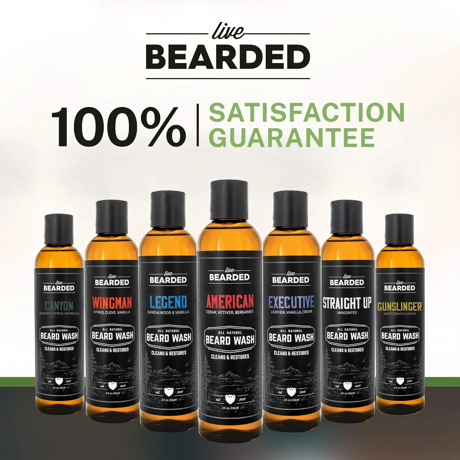 Live Bearded Beard Wash, 8 fl oz - Water-Based Face Cleanser with All-Natural Ingredients for a Gentle, Deep Clean - Made in the USA | American Scent - Cedar, Vetiver, Bergamont