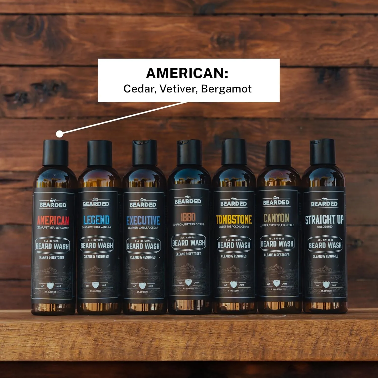 Live Bearded Beard Wash, 8 fl oz - Water-Based Face Cleanser with All-Natural Ingredients for a Gentle, Deep Clean - Made in the USA | American Scent - Cedar, Vetiver, Bergamont