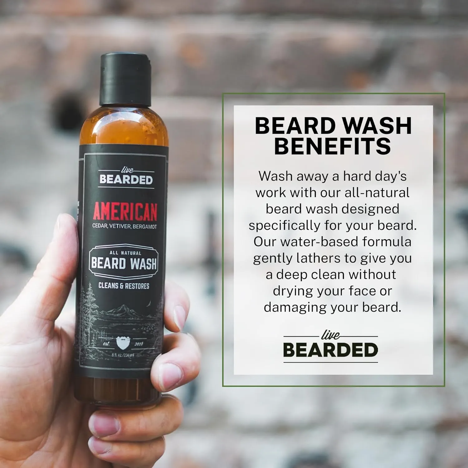 Live Bearded Beard Wash, 8 fl oz - Water-Based Face Cleanser with All-Natural Ingredients for a Gentle, Deep Clean - Made in the USA | American Scent - Cedar, Vetiver, Bergamont