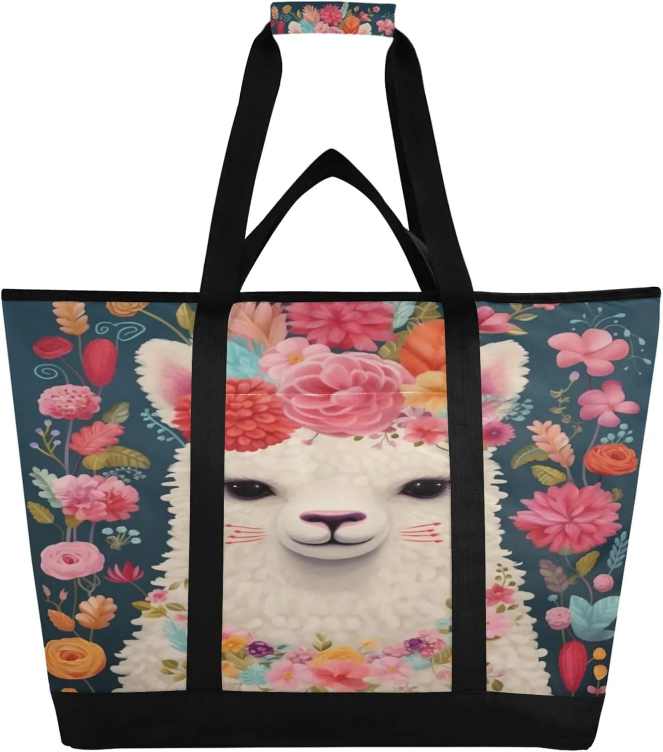 Llama Reusable Insulated Cooler Bag with Ice Pack Compartment - Large 47L Waterproof Thermal Grocery Tote for Picnic Beach Camping Lunch Storage