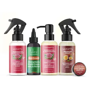 Locsanity Natural & Organic Loc Care Essentials Mature Locs Travel Kit, Gentle 2-in-1 Shampoo/Conditioner, Hair Oil, Passion Fruit Spray, Rosewater Refresh Spray, Smooth Edge Gel