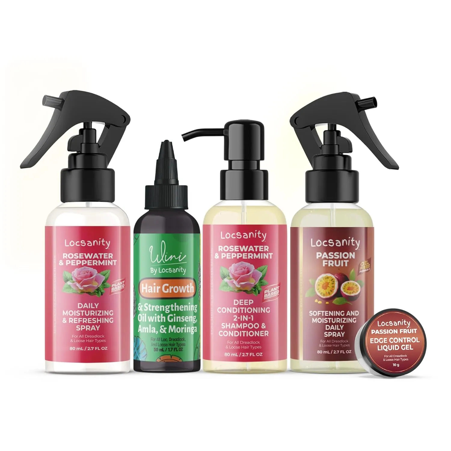 Locsanity Natural & Organic Loc Care Essentials Mature Locs Travel Kit, Gentle 2-in-1 Shampoo/Conditioner, Hair Oil, Passion Fruit Spray, Rosewater Refresh Spray, Smooth Edge Gel