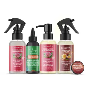 Locsanity Organic Teen Locs Essentials Kit - Moisturizing 2-in-1 Shampoo & Conditioner, Passion Fruit Spray, Hair Oil, Rosewater Peppermint Tightening Gel, Liquid Edge Gel for Smooth, Fresh Hair