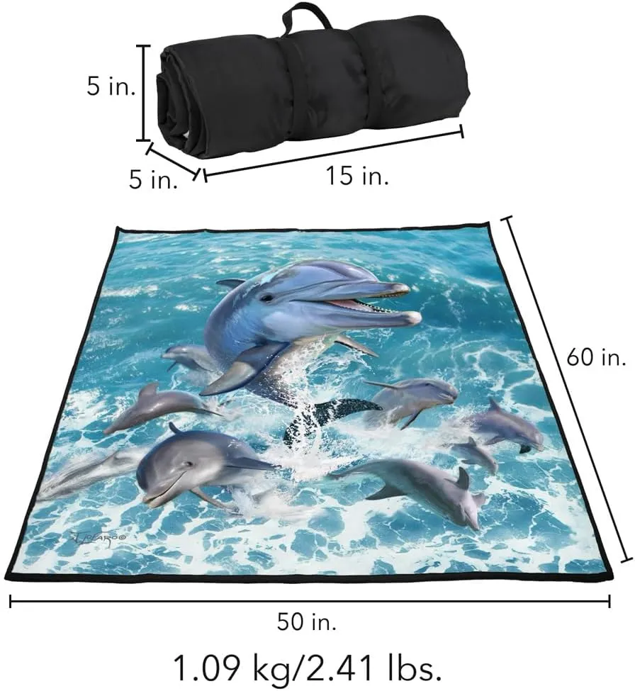 LOGOVISION JQ Licensing - JLo Picnic Outdoor Blanket, 50"x60" Dolphins Jumping, Foldable Blanket for Picnic, Beach, Camping, Park, Tailgate