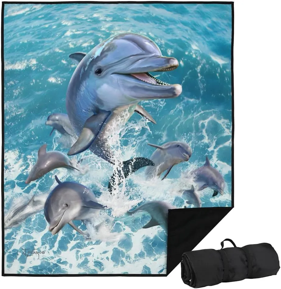 LOGOVISION JQ Licensing - JLo Picnic Outdoor Blanket, 50"x60" Dolphins Jumping, Foldable Blanket for Picnic, Beach, Camping, Park, Tailgate