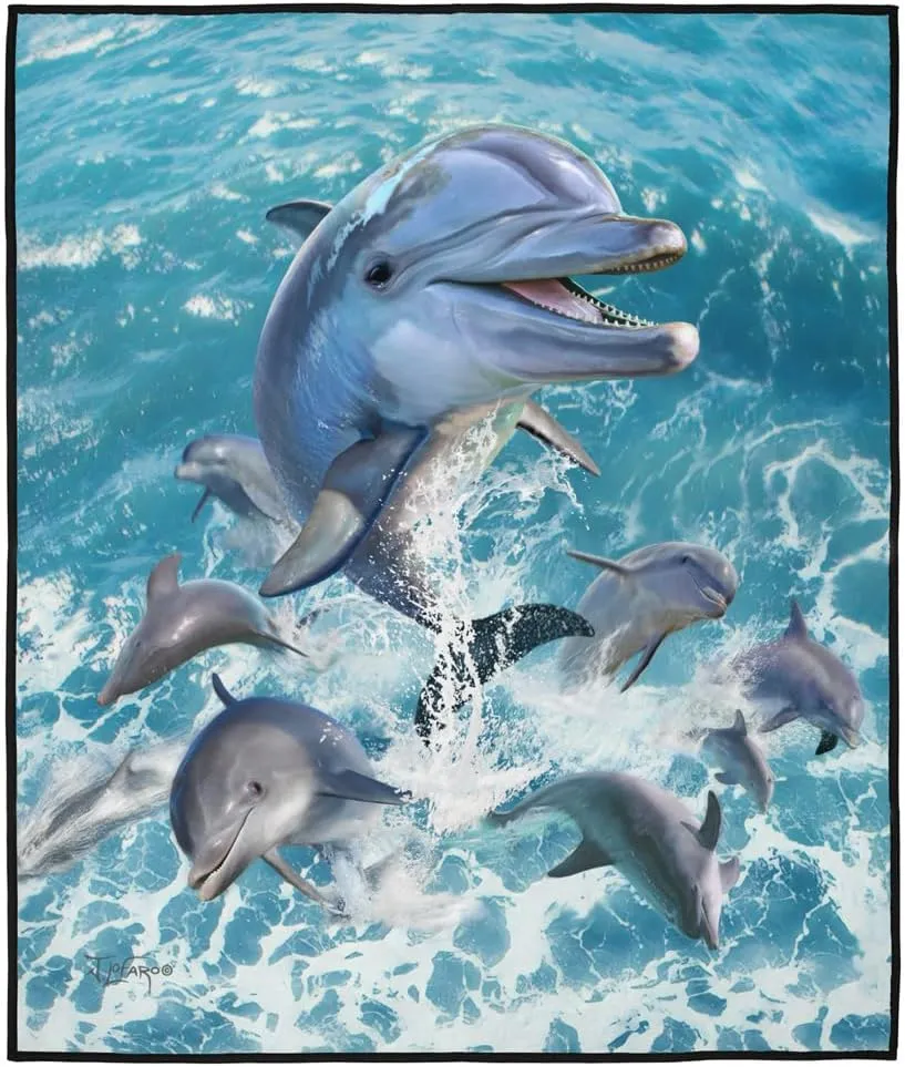 LOGOVISION JQ Licensing - JLo Picnic Outdoor Blanket, 50"x60" Dolphins Jumping, Foldable Blanket for Picnic, Beach, Camping, Park, Tailgate