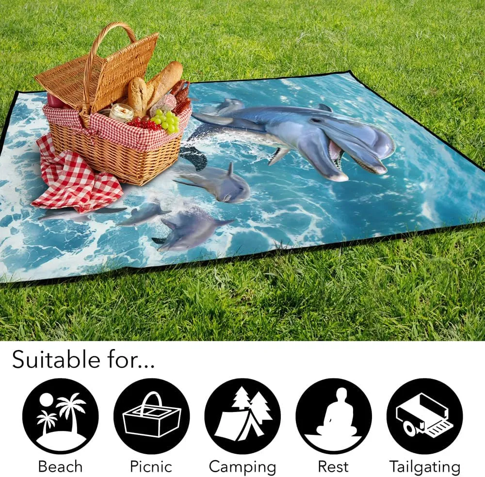 LOGOVISION JQ Licensing - JLo Picnic Outdoor Blanket, 50"x60" Dolphins Jumping, Foldable Blanket for Picnic, Beach, Camping, Park, Tailgate