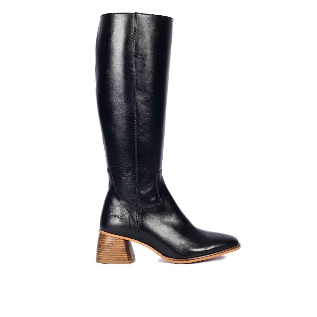 Long shafted boot with sculptural block heel