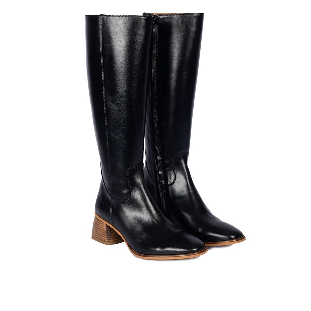 Long shafted boot with sculptural block heel