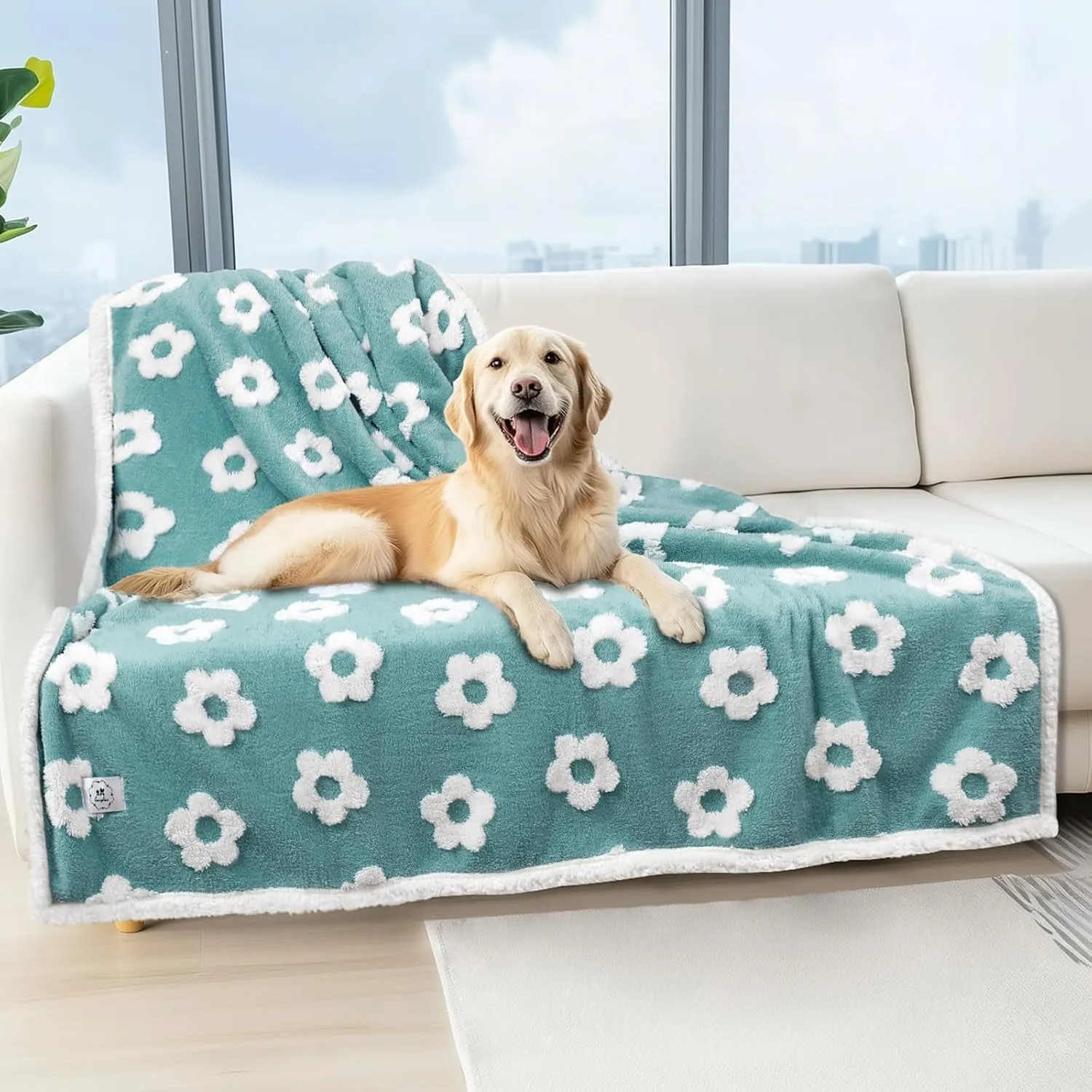 Luciphia Waterproof Pet Blanket for Medium Large Dogs Washable Fluffy Thick Jacquard Shag Fleece Warm Sherpa 3D Textured Flower Print for Cats Puppy Couch Protection (Blue,67x57 inches)