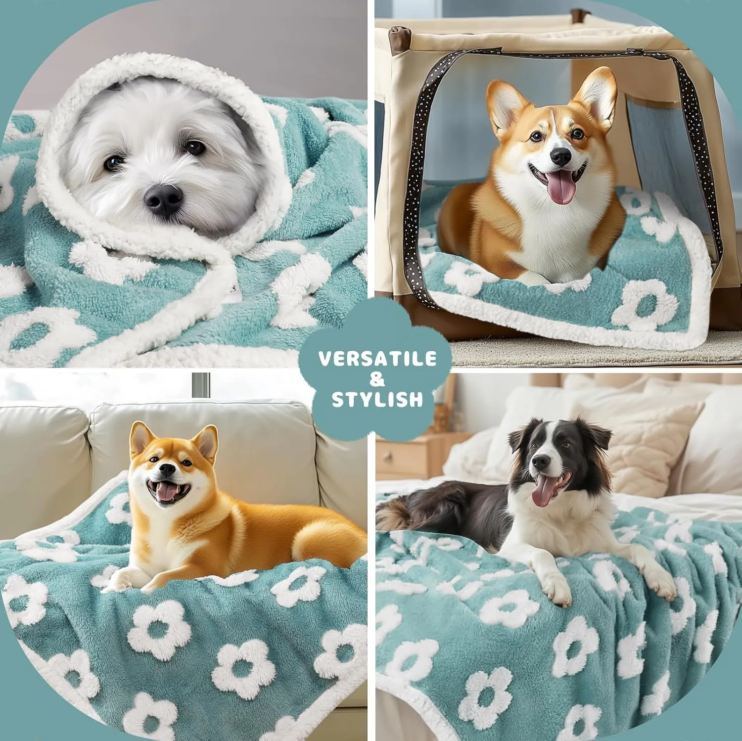 Luciphia Waterproof Pet Blanket for Medium Large Dogs Washable Fluffy Thick Jacquard Shag Fleece Warm Sherpa 3D Textured Flower Print for Cats Puppy Couch Protection (Blue,67x57 inches)