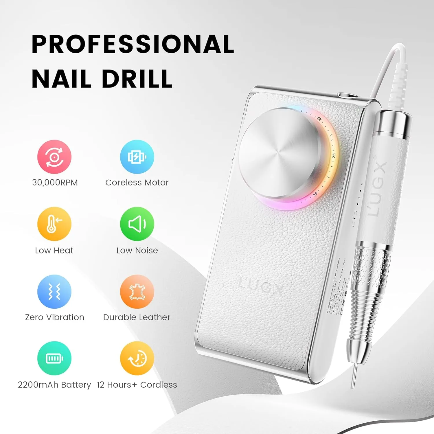 L'UGX Professional Nail Drill 30000 RPM, Cordless Rechargeable Electric Nail File for Acrylic Nails Gel Polishing, Efile Nail Kit for Manicure Pedicure Salon Home, Low Vibration Low Noise, White