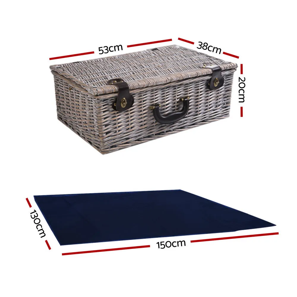 Luxury 6-Person Willow Picnic Basket Set with Cooler Bag and Insulated Blanket - Navy Blue