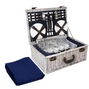 Luxury 6-Person Willow Picnic Basket Set with Cooler Bag and Insulated Blanket - Navy Blue