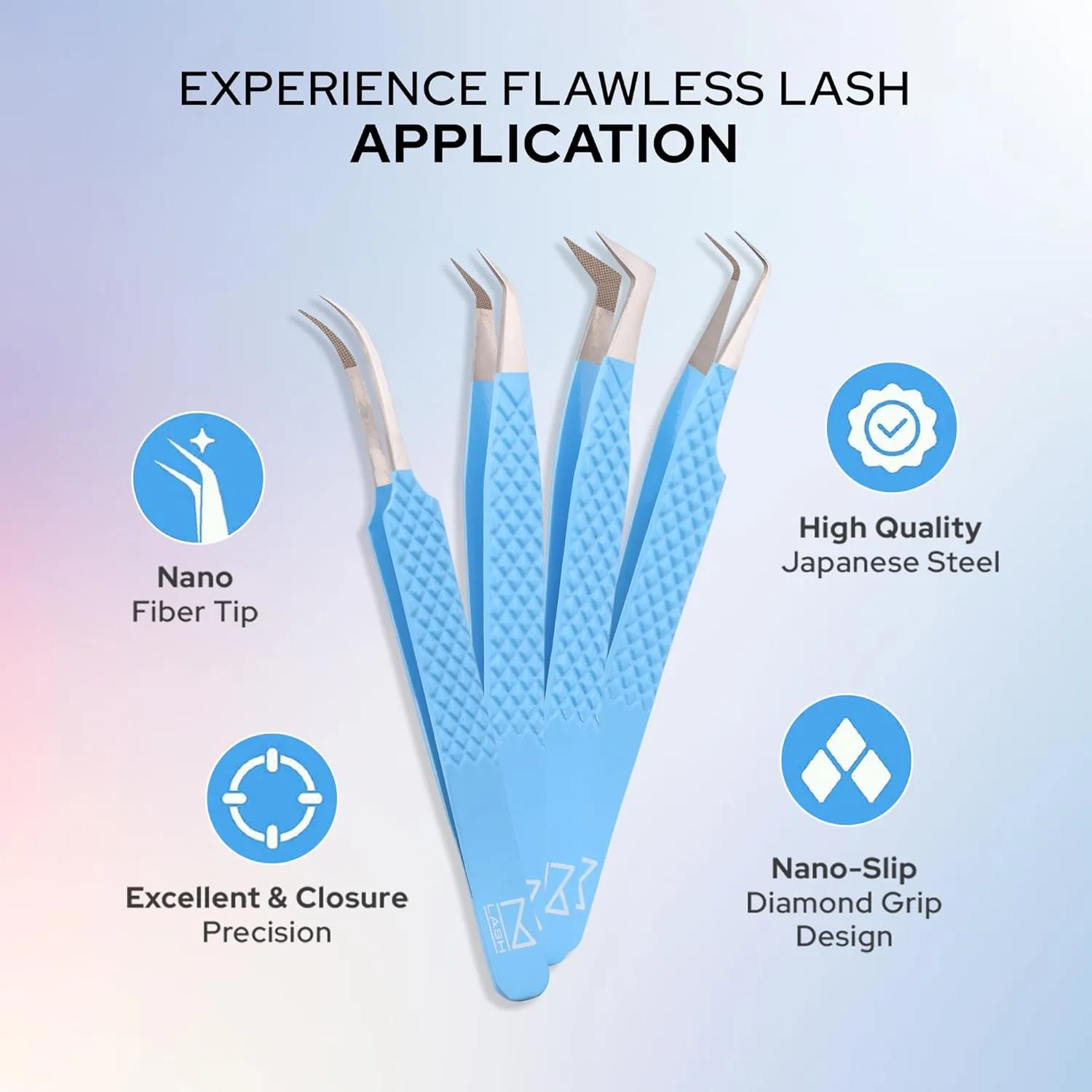 M LASH Tweezers for Eyelash Extensions (Set of 4) - Professional Lash Extension Tweezers - Fiber Tip, Japanese Steel, Diamond Grip Eyelash Extension Tweezer (Leopard Prints)