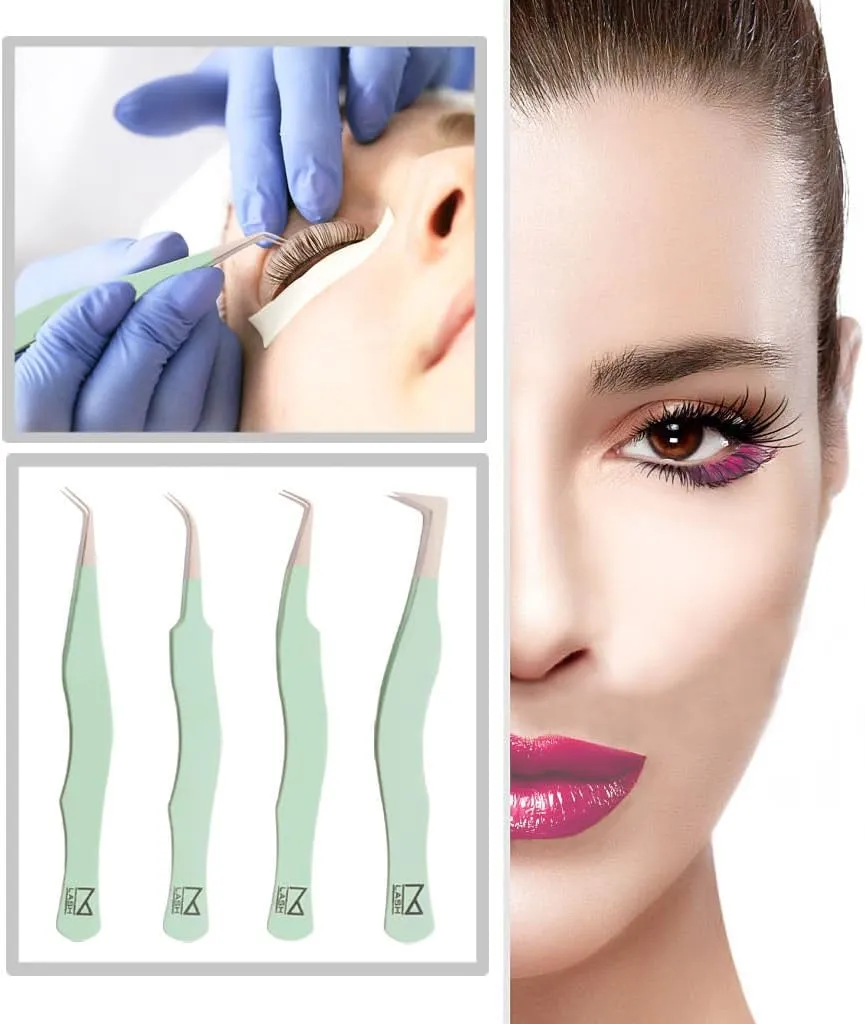 M LASH Tweezers for Eyelash Extensions (Set of 4) - Professional Lash Extension Tweezers - Fiber Tip, Japanese Steel, Diamond Grip Eyelash Extension Tweezer (Leopard Prints)