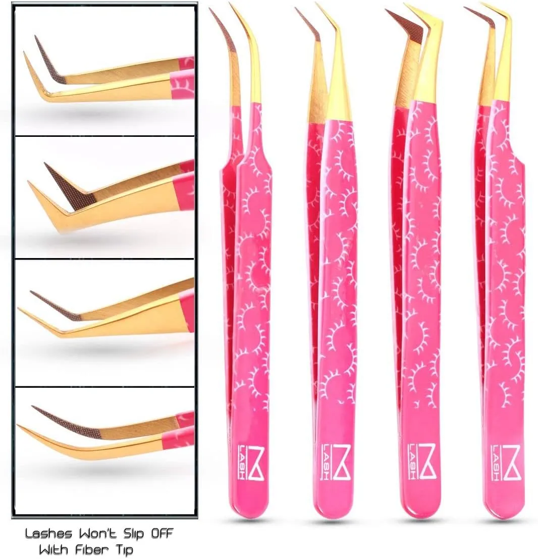 M LASH Tweezers for Eyelash Extensions (Set of 4) - Professional Lash Extension Tweezers - Fiber Tip, Japanese Steel, Diamond Grip Eyelash Extension Tweezer (PW)