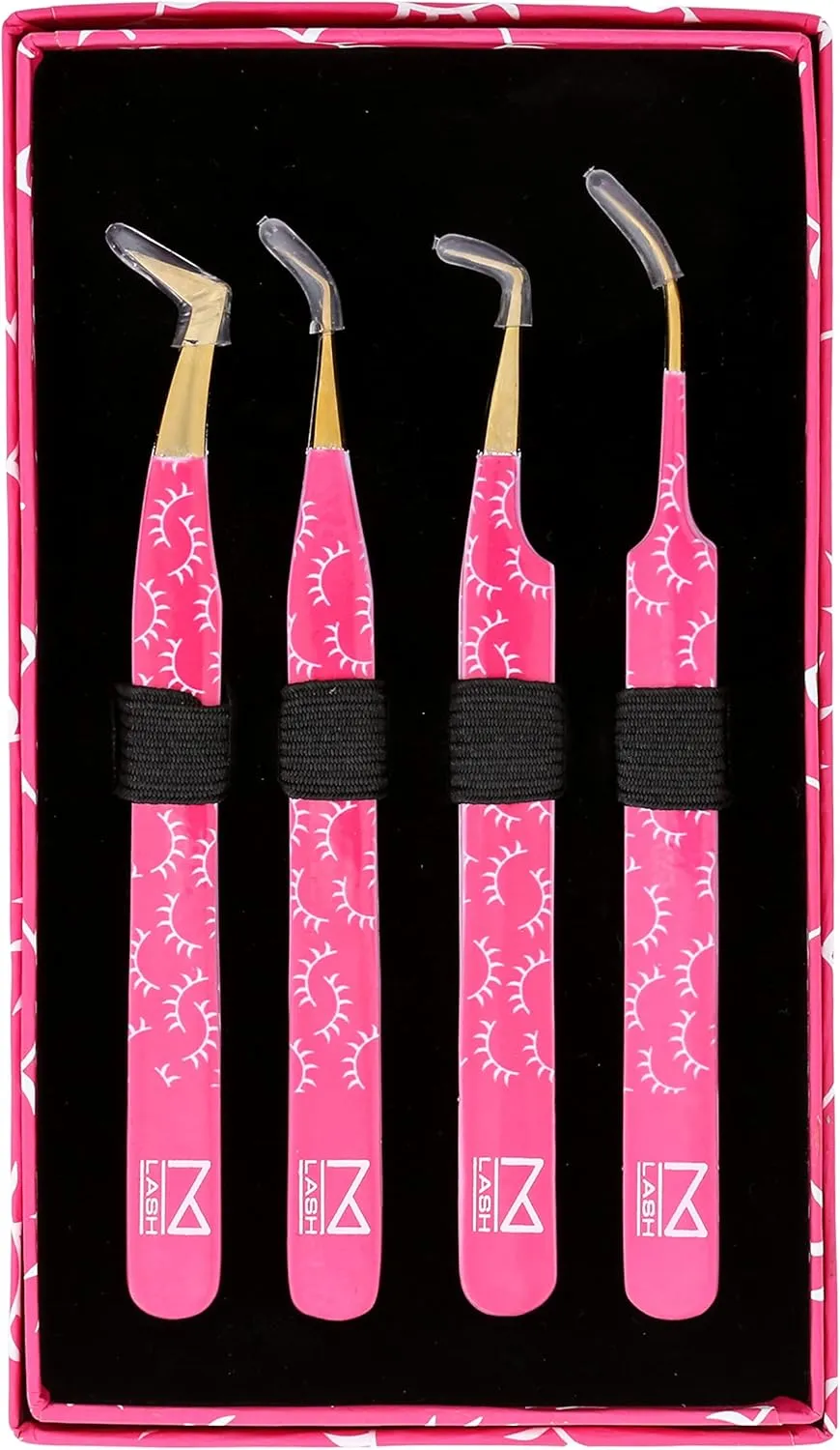 M LASH Tweezers for Eyelash Extensions (Set of 4) - Professional Lash Extension Tweezers - Fiber Tip, Japanese Steel, Diamond Grip Eyelash Extension Tweezer (PW)
