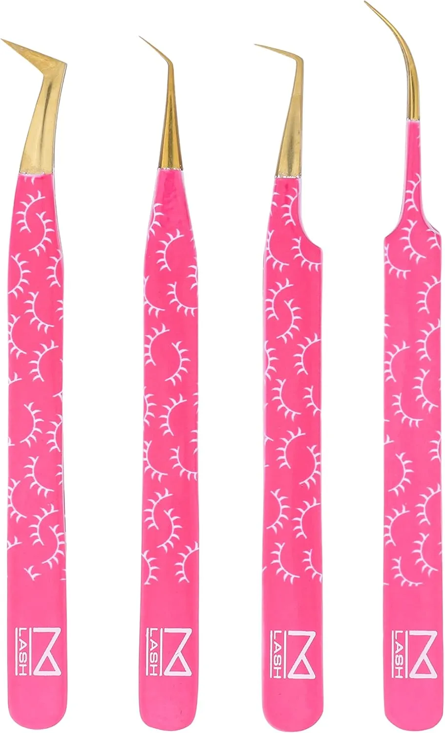 M LASH Tweezers for Eyelash Extensions (Set of 4) - Professional Lash Extension Tweezers - Fiber Tip, Japanese Steel, Diamond Grip Eyelash Extension Tweezer (PW)