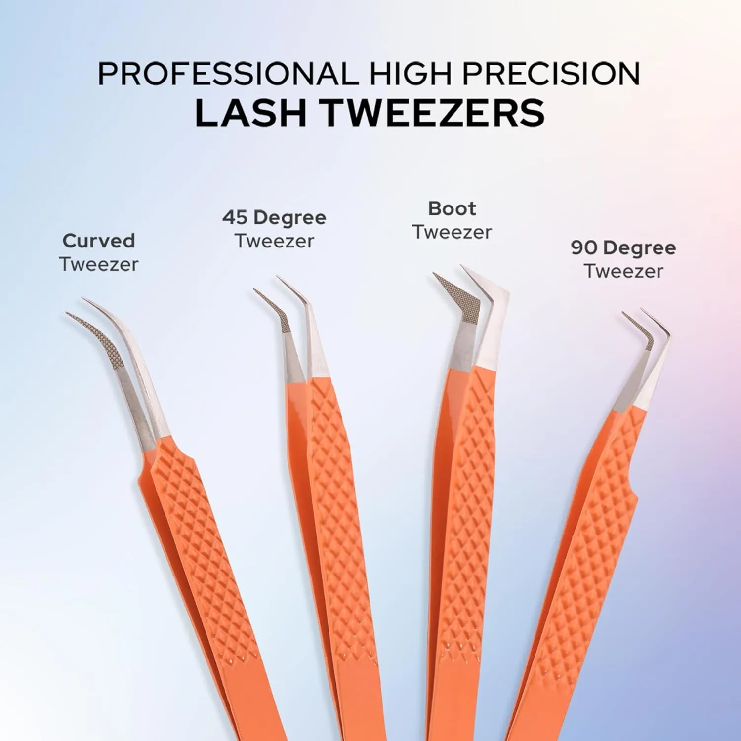 M LASH Tweezers for Eyelash Extensions (Set of 4) - Professional Lash Extension Tweezers - Fiber Tip, Japanese Steel, Diamond Grip Eyelash Extension Tweezer (PW)