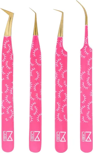 M LASH Tweezers for Eyelash Extensions (Set of 4) - Professional Lash Extension Tweezers - Fiber Tip, Japanese Steel, Diamond Grip Eyelash Extension Tweezer (PW)