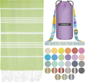 Madamelique Oversized Beach Towel with Bag - 39 x 74 - 100% Cotton Quick Dry Sand Free - Hand Loomed - Pistachio
