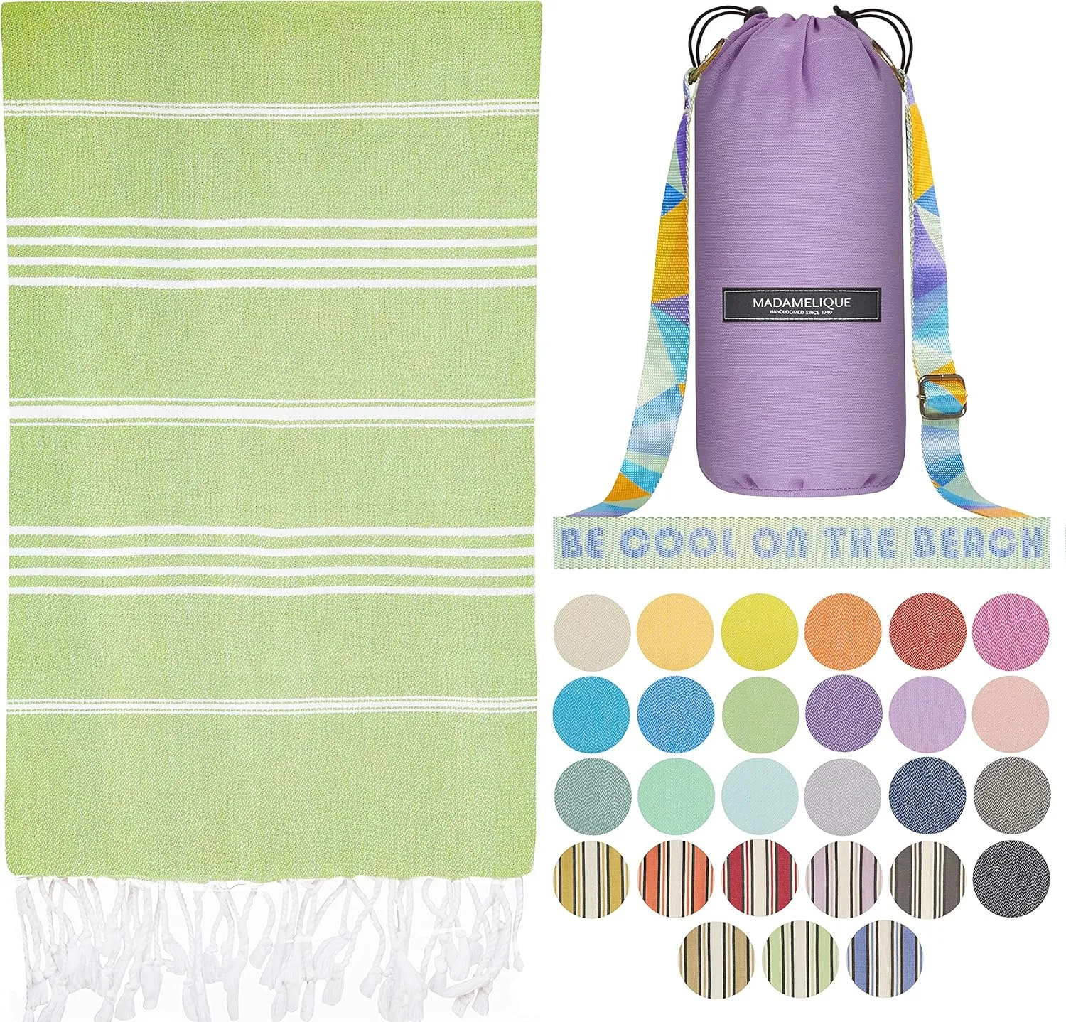 Madamelique Oversized Beach Towel with Bag - 39 x 74 - 100% Cotton Quick Dry Sand Free - Hand Loomed - Pistachio