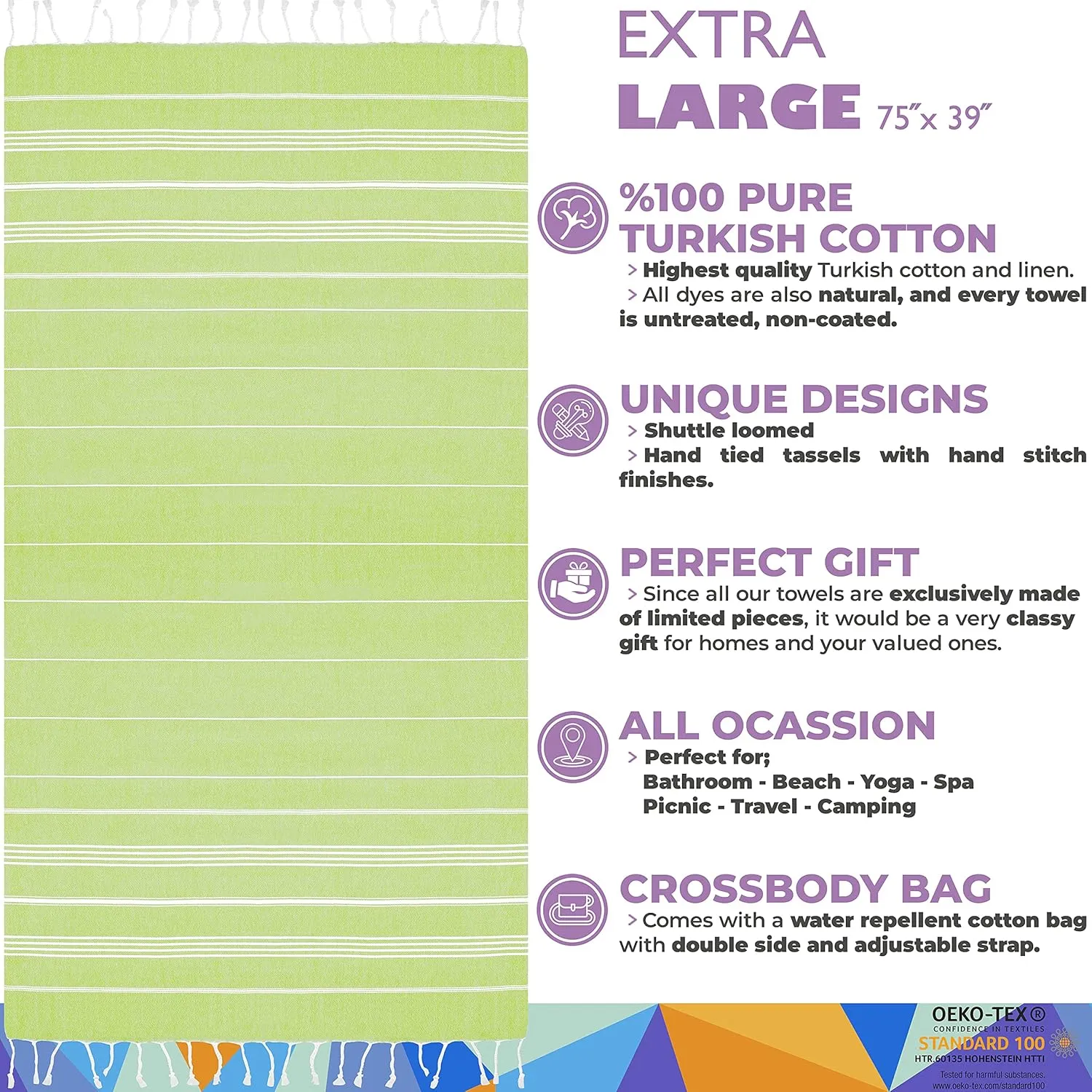 Madamelique Oversized Beach Towel with Bag - 39 x 74 - 100% Cotton Quick Dry Sand Free - Hand Loomed - Pistachio