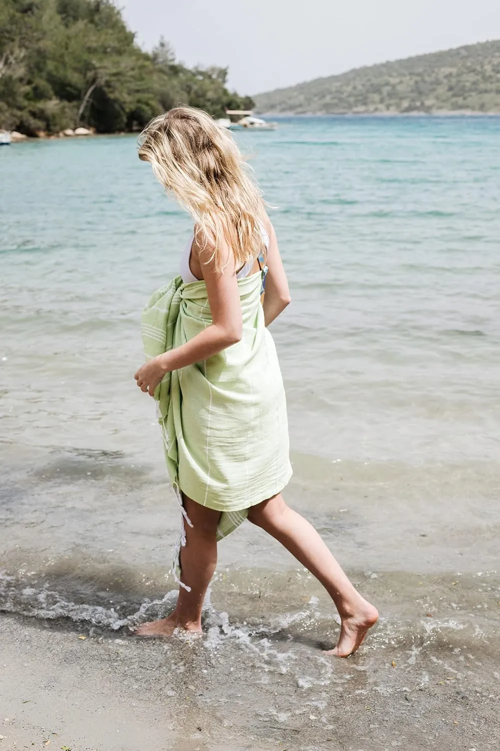 Madamelique Oversized Beach Towel with Bag - 39 x 74 - 100% Cotton Quick Dry Sand Free - Hand Loomed - Pistachio