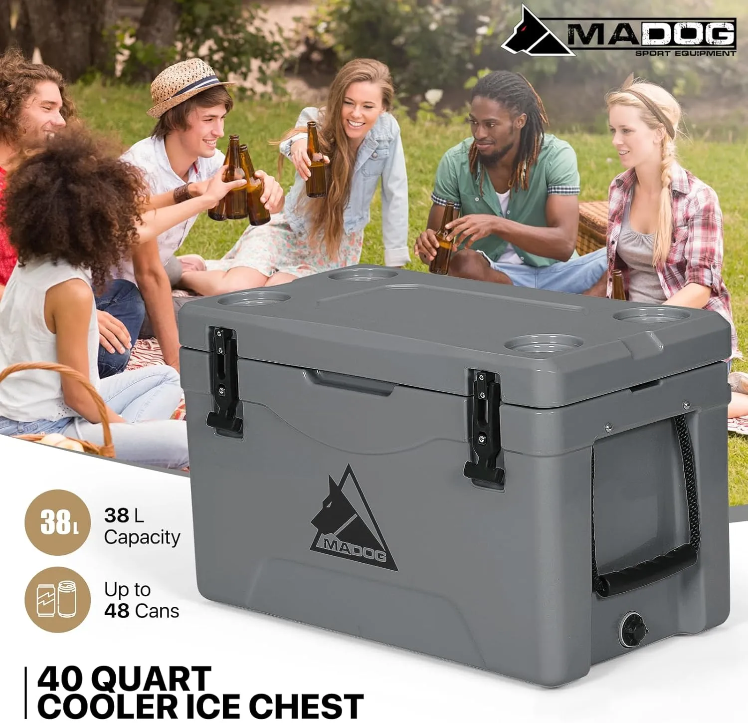 MADOG Portable Beach Cooler, Leak-Proof Travel Hard Cooler for 5-7 Days Ice Retention, LLDPE Portable Compact Coolers, Great for Beach, Picnic, Fishing and Camping