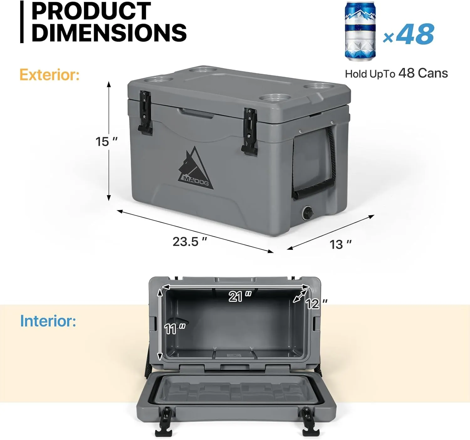 MADOG Portable Beach Cooler, Leak-Proof Travel Hard Cooler for 5-7 Days Ice Retention, LLDPE Portable Compact Coolers, Great for Beach, Picnic, Fishing and Camping