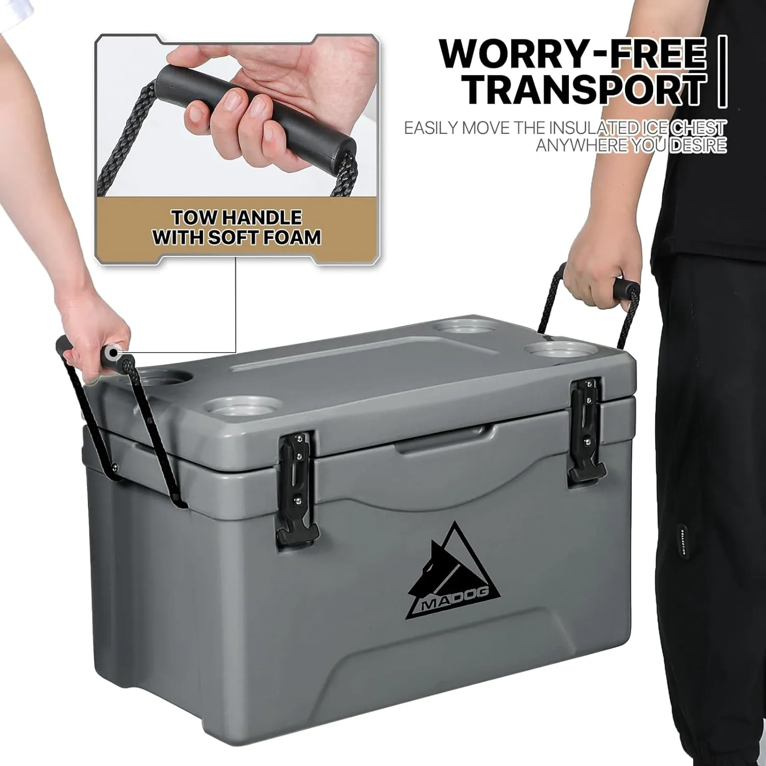 MADOG Portable Beach Cooler, Leak-Proof Travel Hard Cooler for 5-7 Days Ice Retention, LLDPE Portable Compact Coolers, Great for Beach, Picnic, Fishing and Camping
