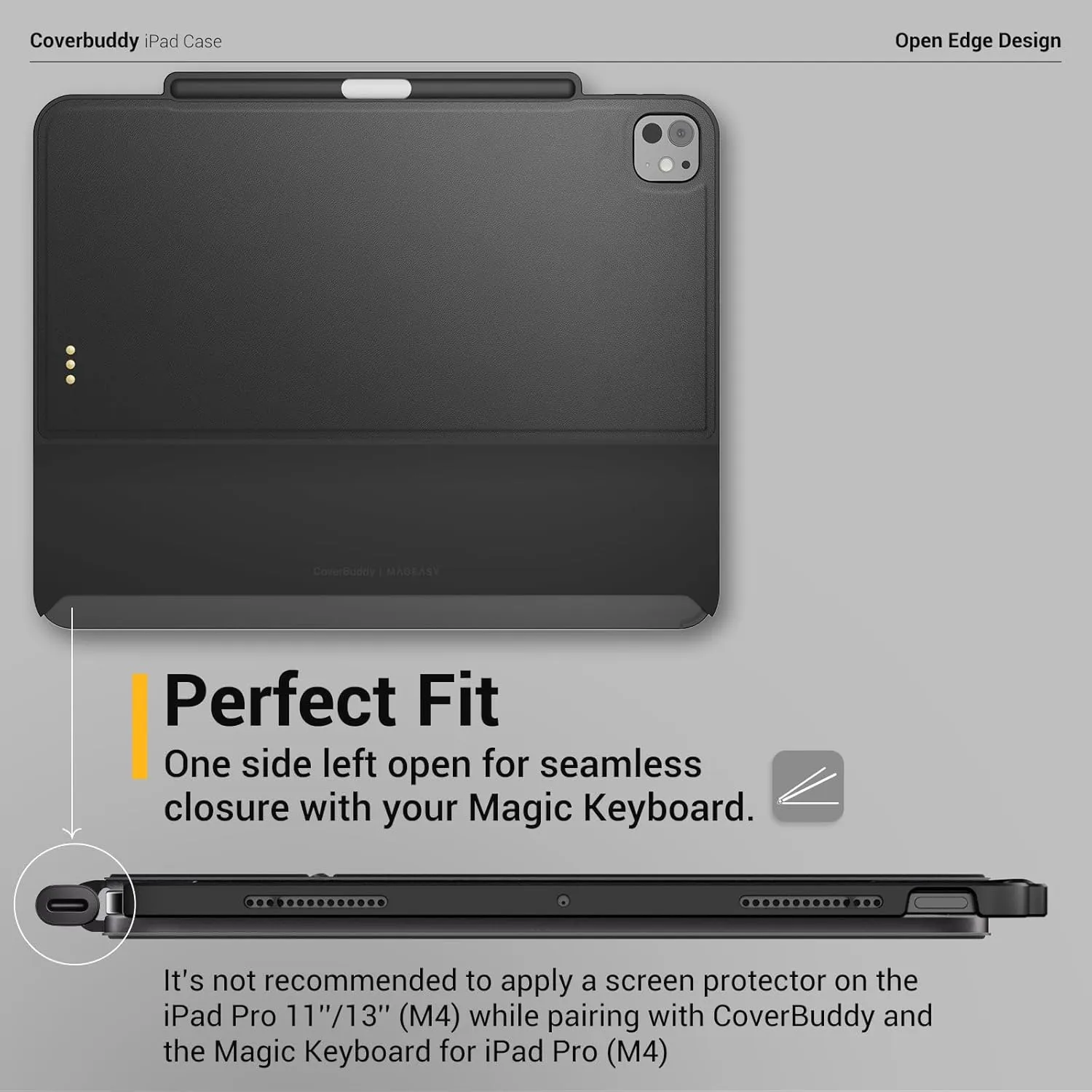 MAGEASY CoverBuddy for M4 iPad Pro 11" (2024) - iPad Pro Case Compatible with Magic Keyboard for iPad Pro (M4), Enhanced Thickness & Heat Dissipation - New Black (Leather 5.05)