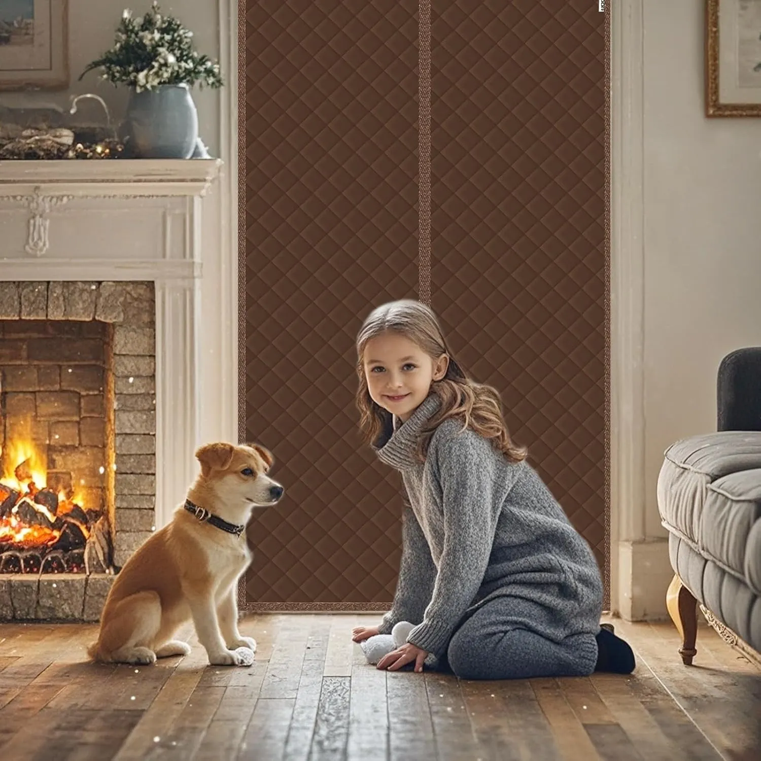 Magnetic Thermal Insulated Door Curtain Fit Door Size 32" x 80", Quilted Oxford Fabric Thicken Cotton Fill, Winter Cover Keep Cold Draft Out, Blanket Insulation for Front Patio Doors Brown