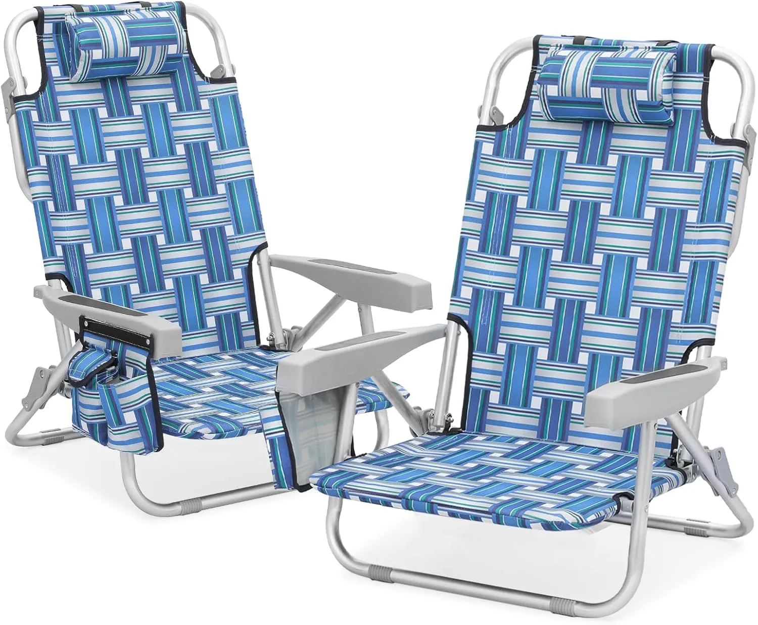 Magshion 2-Pack Backpack Low Beach Chair for Adults, Folding Layout Chair with Cooler Bag, Headrest & Towel Bar, Portable Camping Chair with 5-Position Adjustable Backrest, Support to 250 lbs, Striped