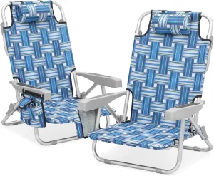Magshion 2-Pack Backpack Low Beach Chair for Adults, Folding Layout Chair with Cooler Bag, Headrest & Towel Bar, Portable Camping Chair with 5-Position Adjustable Backrest, Support to 250 lbs, Striped