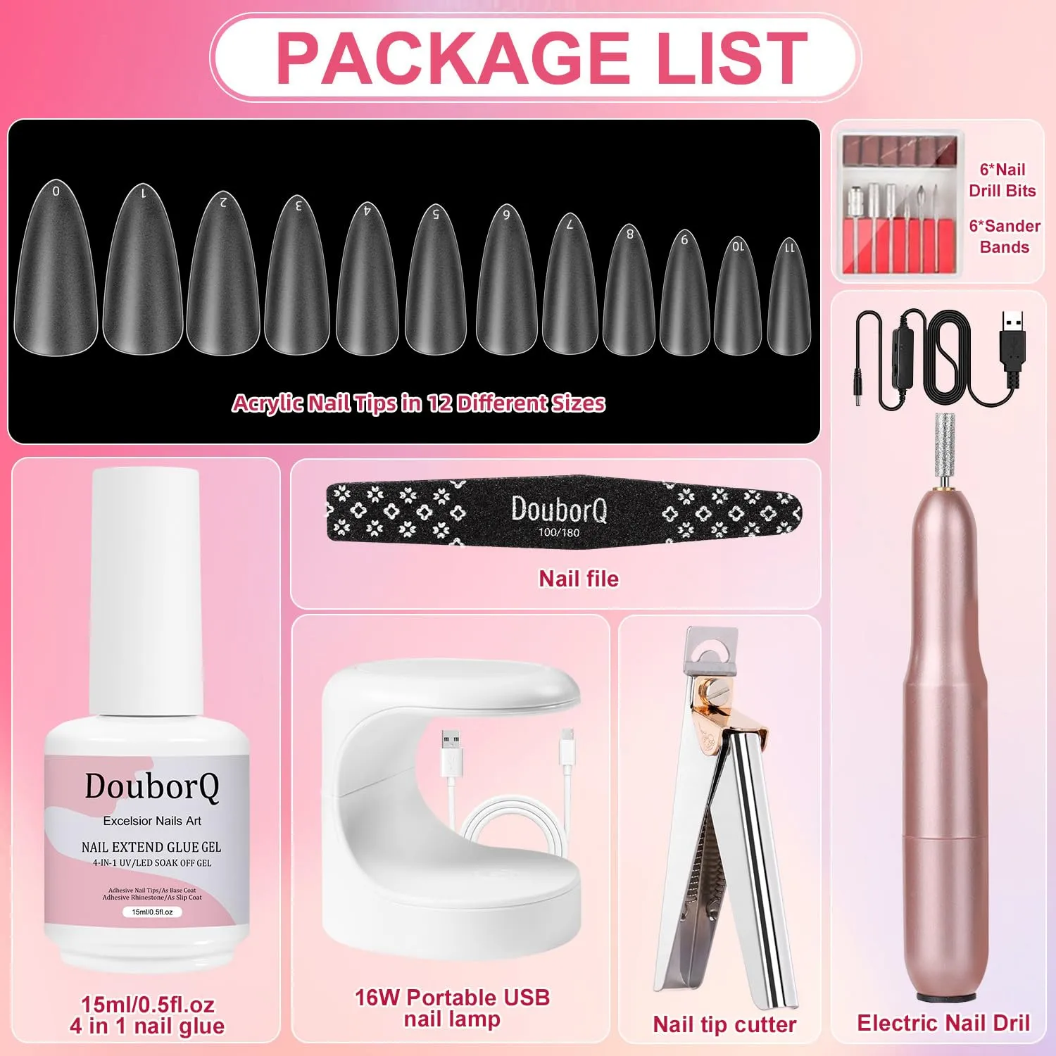 Major Dijit Gel Nail Kit - Beginner Gel Nail Set with Nail Drill, 0.5oz 4-in-1 Nail Glue, 500PCS Long Almond Nail Tips, Nail Clipper, UV Lamp for Nail Extension & Art (Long Almond)