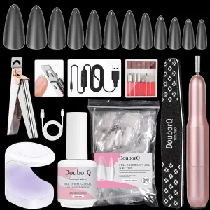Major Dijit Gel Nail Kit - Beginner Gel Nail Set with Nail Drill, 0.5oz 4-in-1 Nail Glue, 500PCS Long Almond Nail Tips, Nail Clipper, UV Lamp for Nail Extension & Art (Long Almond)