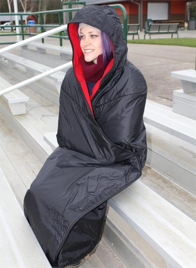 Mambe Large Extreme Weather Hooded Blanket Charcoal - 100% Waterproof and Windproof with Premium Stuff Sack - Perfect for Stadiums and Watching Sports Activities - Machine Washable Fleece
