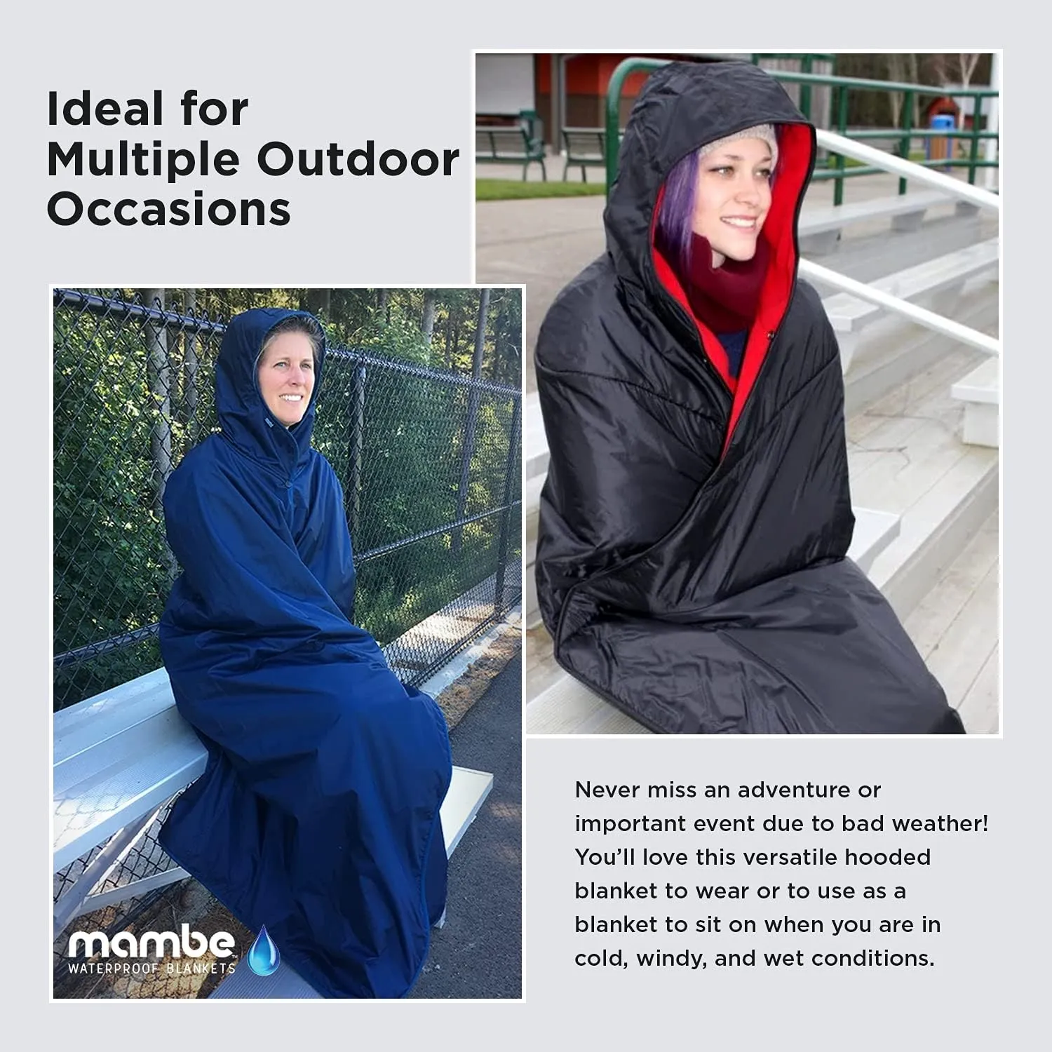 Mambe Large Extreme Weather Hooded Blanket Red - 100% Waterproof and Windproof with Premium Stuff Sack - Perfect for Stadiums and Watching Sports Activities - Machine Washable Fleece