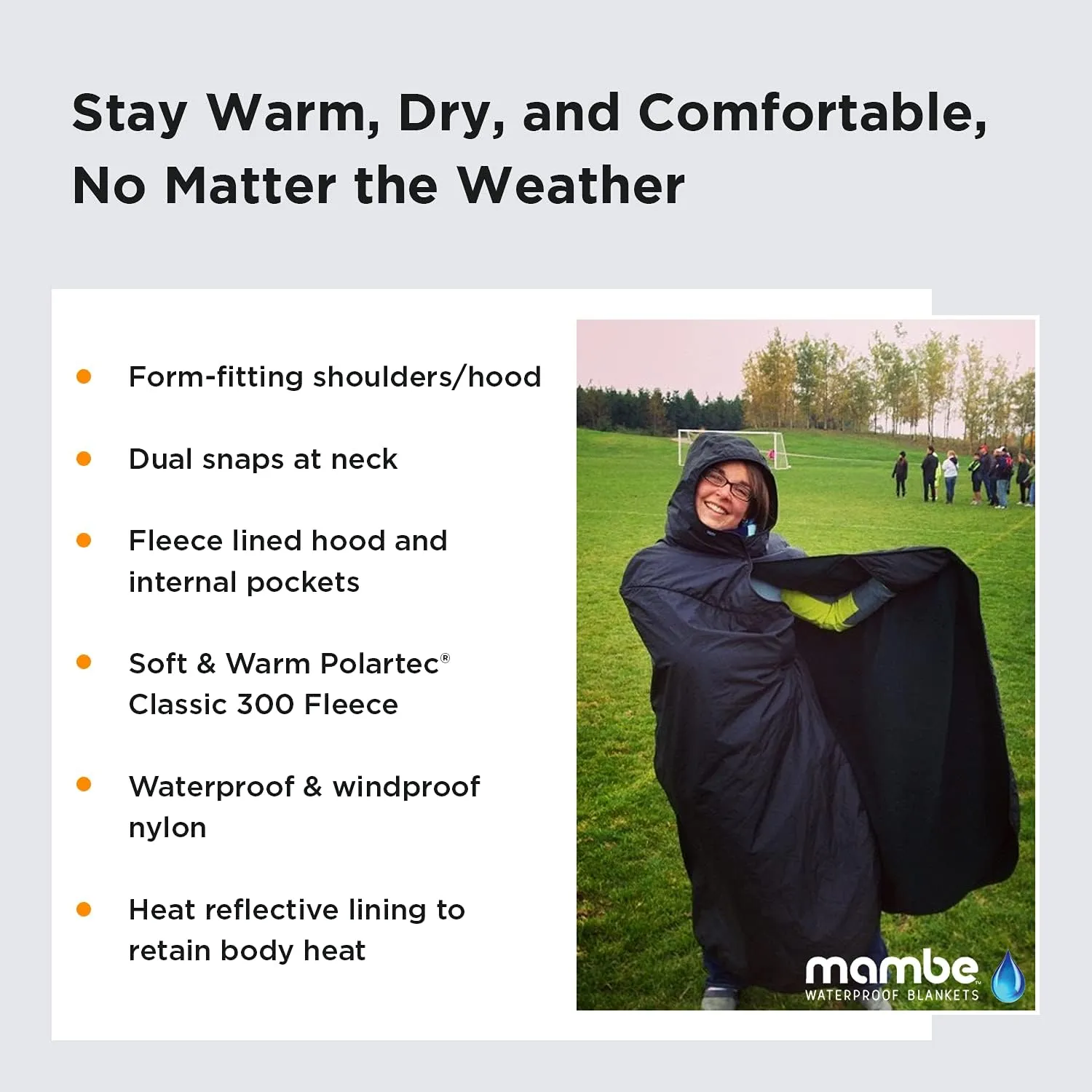 Mambe Large Extreme Weather Hooded Blanket Red - 100% Waterproof and Windproof with Premium Stuff Sack - Perfect for Stadiums and Watching Sports Activities - Machine Washable Fleece