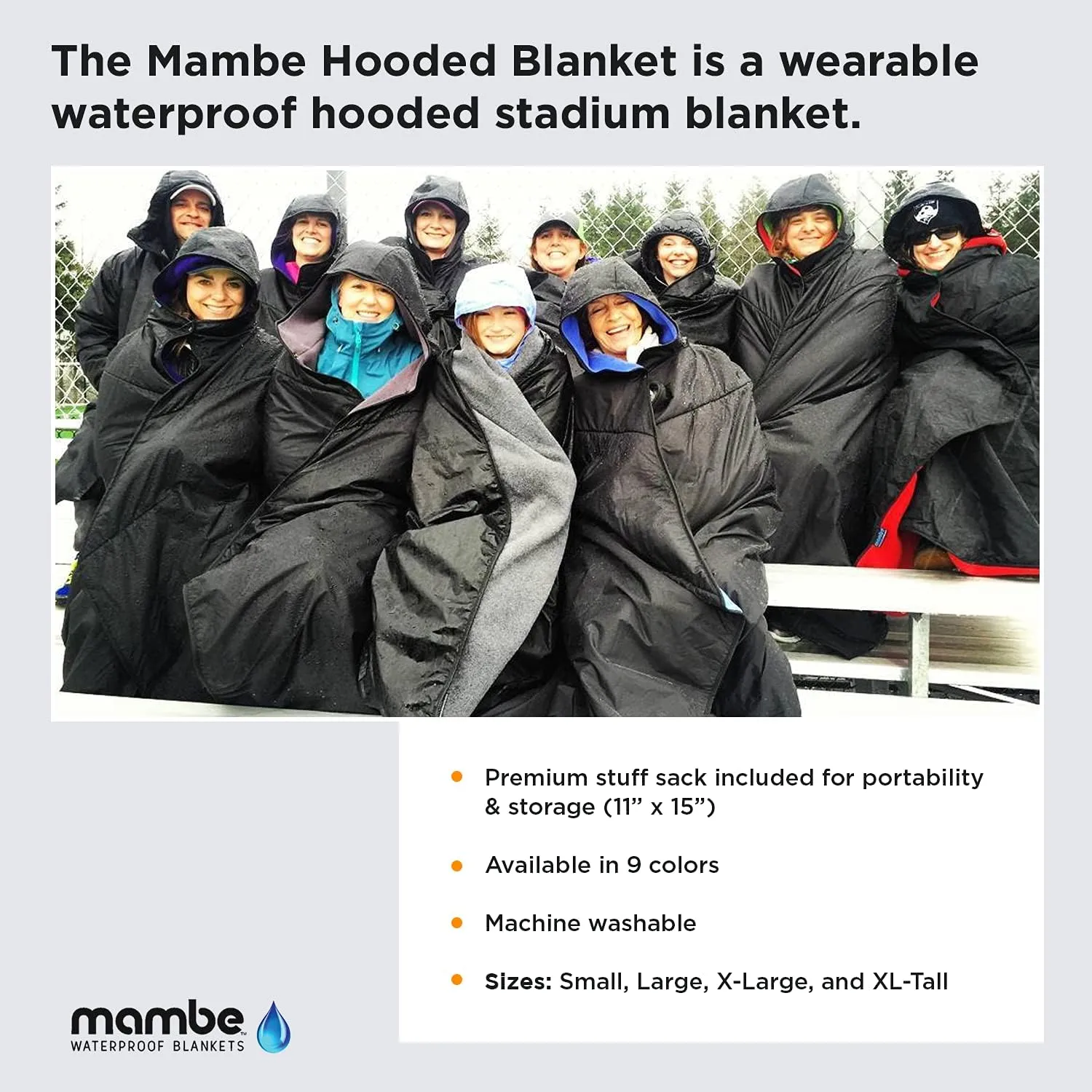 Mambe Large Extreme Weather Hooded Blanket Red - 100% Waterproof and Windproof with Premium Stuff Sack - Perfect for Stadiums and Watching Sports Activities - Machine Washable Fleece