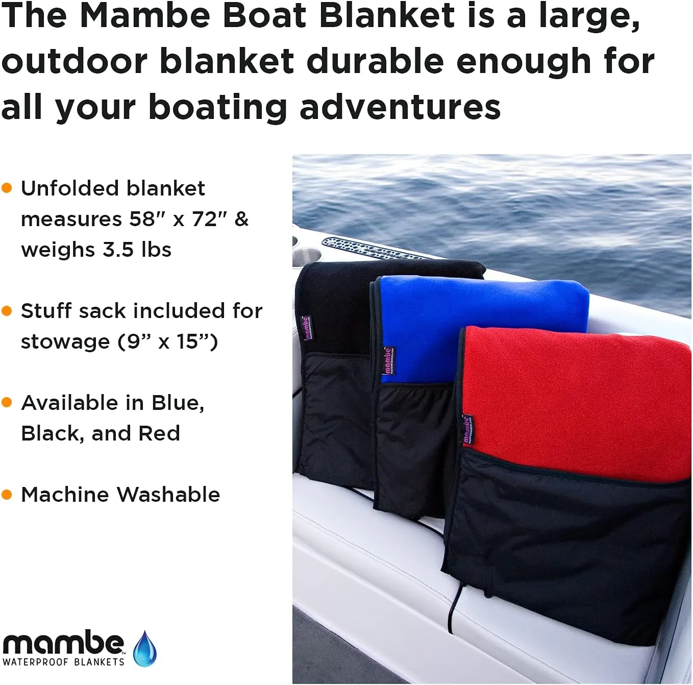 Mambe Large Waterproof Boat Blanket Royal - Insulated Windproof, and Water Proof Blanket - Machine Washable Fleece and Nylon Throw for Outdoor Activities Like Picnics and Stadiums