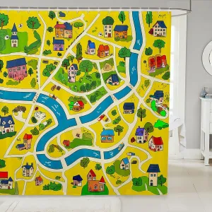 Manfei Rustic Countryside Waterproof Bath Curtains with 12 Hooks for Bathtub,Suburb House Tree River Hand Graffiti Shower Curtains,Yellow Nature Roadway Landscape Bathroom Curtains,78 Inch Long