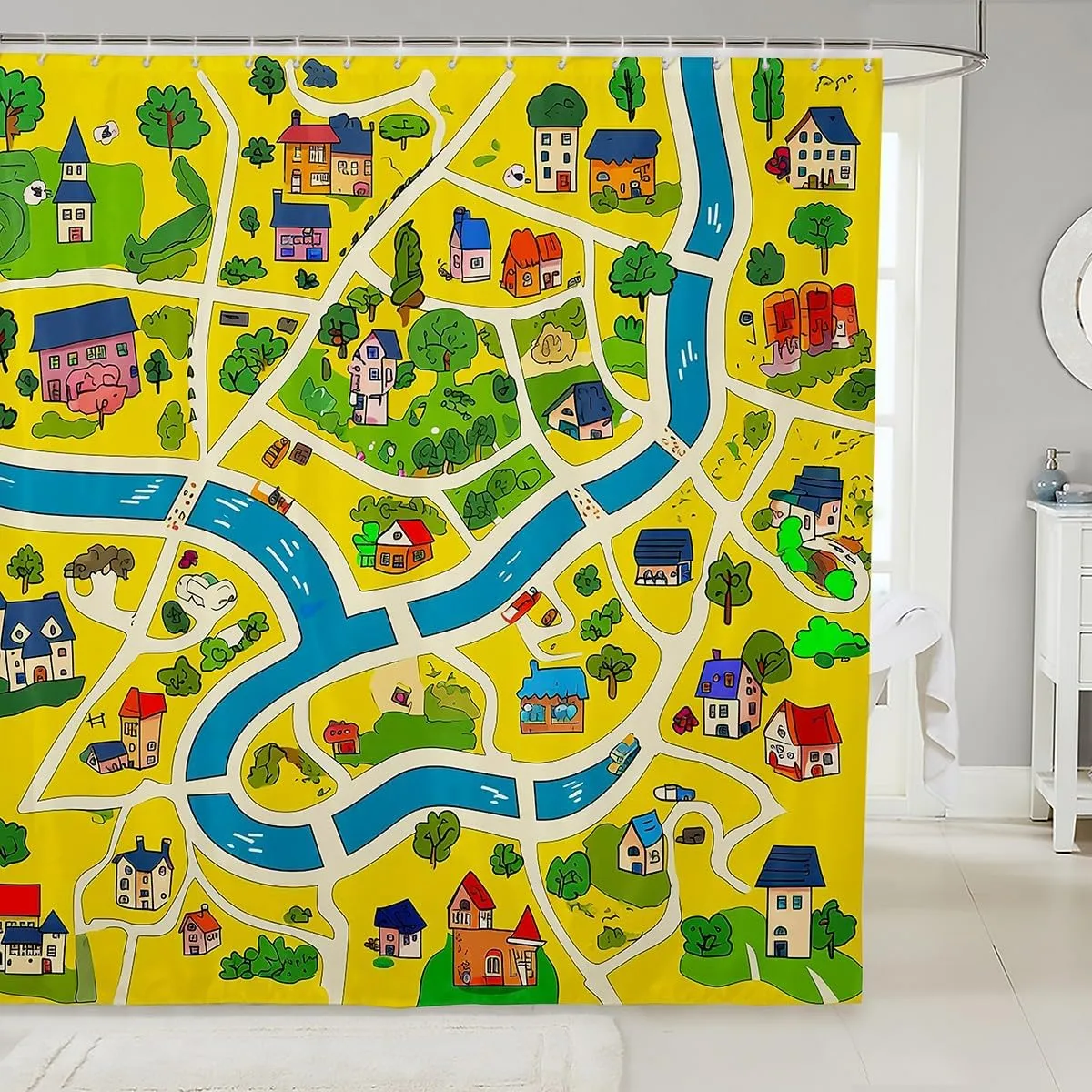 Manfei Rustic Countryside Waterproof Bath Curtains with 12 Hooks for Bathtub,Suburb House Tree River Hand Graffiti Shower Curtains,Yellow Nature Roadway Landscape Bathroom Curtains,78 Inch Long