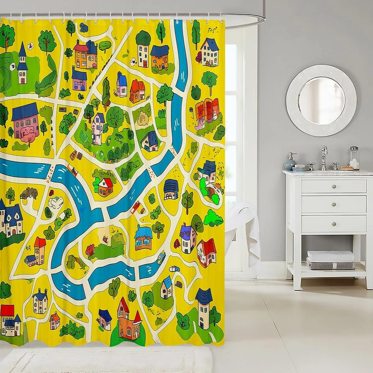 Manfei Rustic Countryside Waterproof Bath Curtains with 12 Hooks for Bathtub,Suburb House Tree River Hand Graffiti Shower Curtains,Yellow Nature Roadway Landscape Bathroom Curtains,78 Inch Long