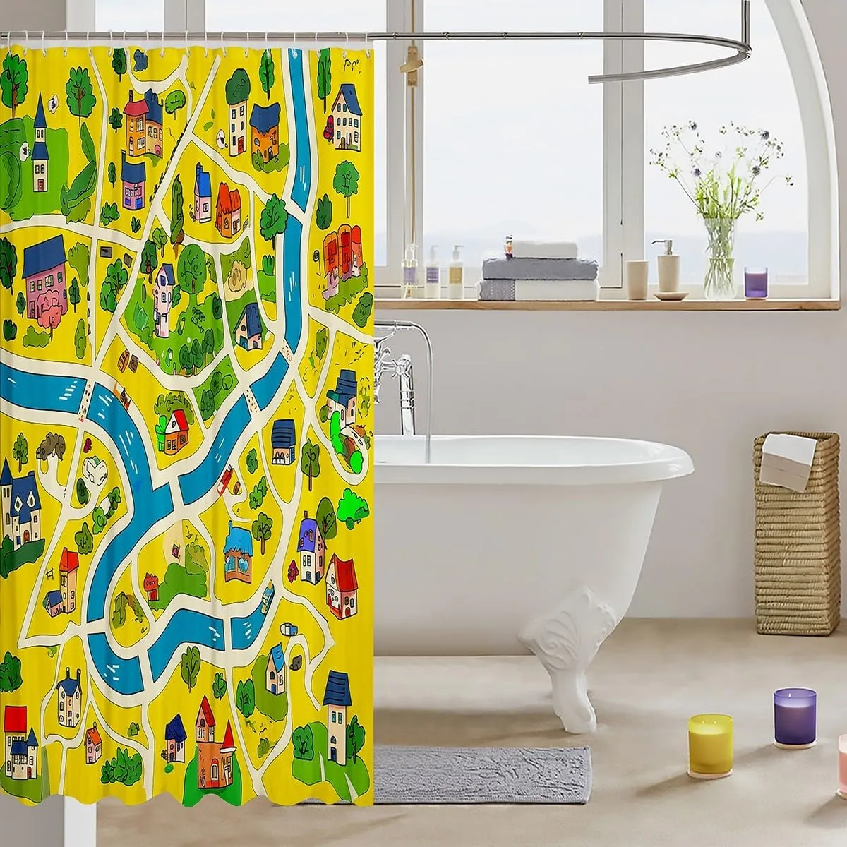 Manfei Rustic Countryside Waterproof Bath Curtains with 12 Hooks for Bathtub,Suburb House Tree River Hand Graffiti Shower Curtains,Yellow Nature Roadway Landscape Bathroom Curtains,78 Inch Long